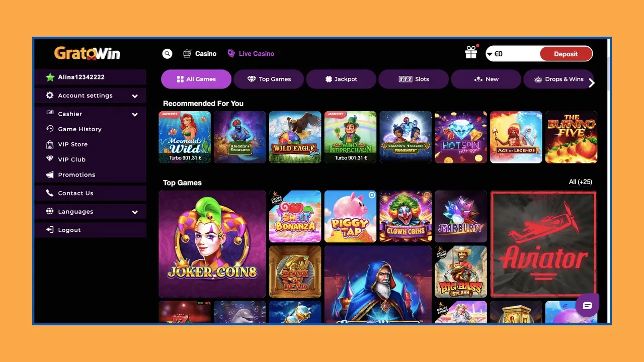 Rechargez votre compte dans la version mobile du casino Gratowin