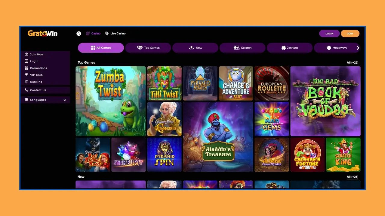 Assortiment de jeux dans la version mobile du casino Gratowin